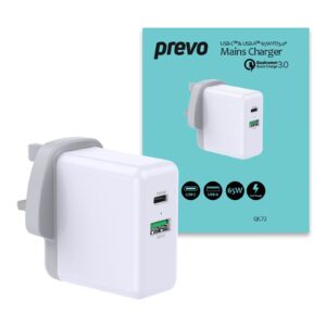 Prevo QC72 65W USB Type-C & USB Type-A Fast Charge Mains Charger with Qualcomm Quick Charge 3.0 and 1.5m 100W USB-C Cable for Laptops