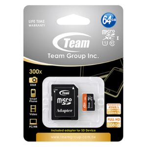 Team 64GB Micro SDXC UHS-1 Class 10 Flash Card with Adapter
